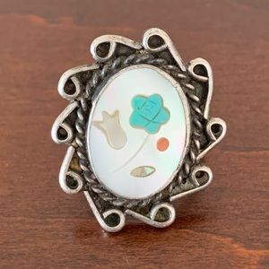 Hallmarked Zuni Flower Inlay Ring